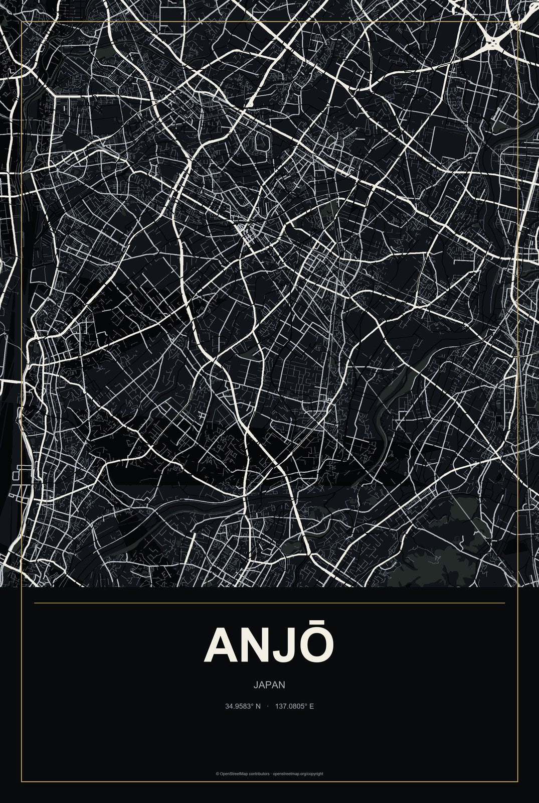 Anjō, Japan City Map Aluminum Sign in Metropolitan Noir style