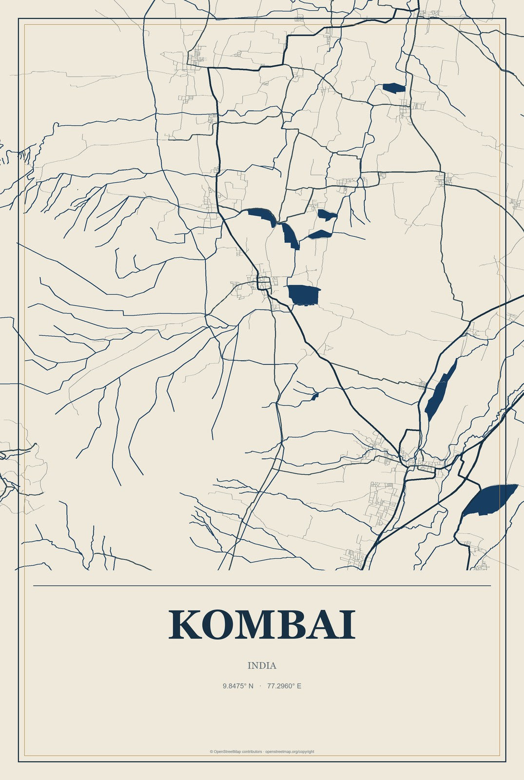 Kombai, India City Map Aluminum Sign in Coastal Cutout style