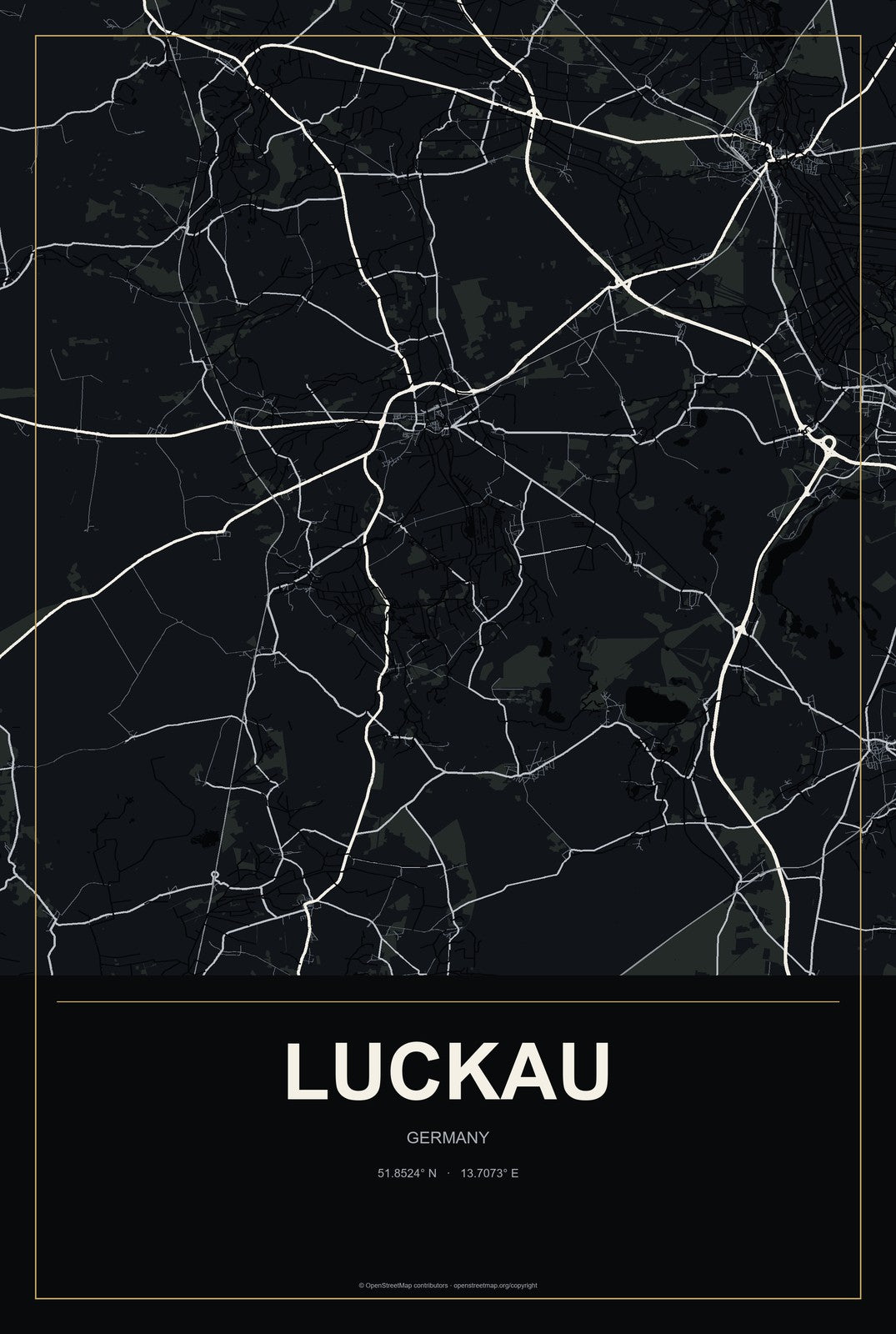 Luckau, Germany City Map Aluminum Sign in Metropolitan Noir style