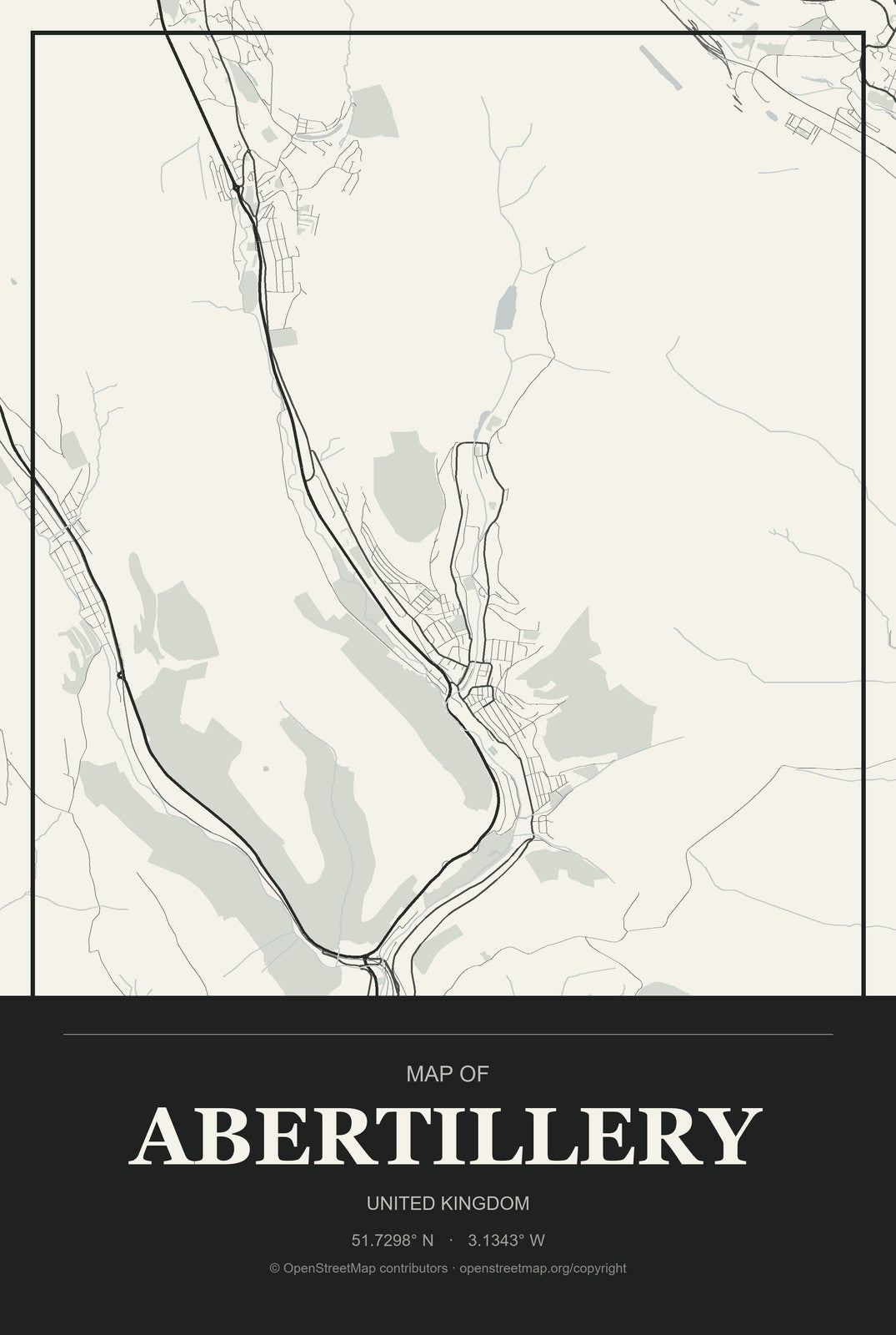 Abertillery, United Kingdom City Map Aluminum Sign in Museum Plaque style