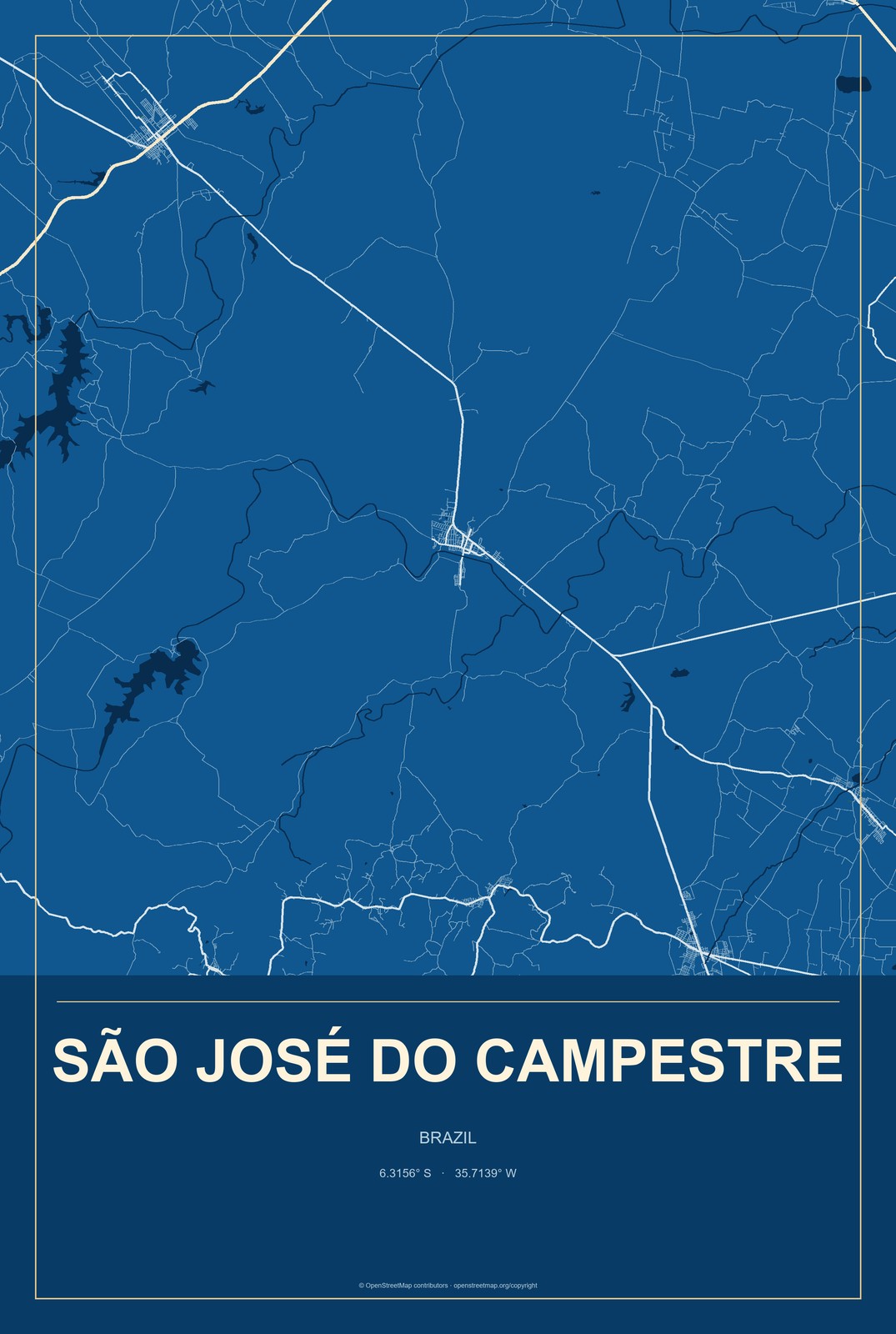 São José do Campestre, Brazil City Map Aluminum Sign in Harbor Cobalt style