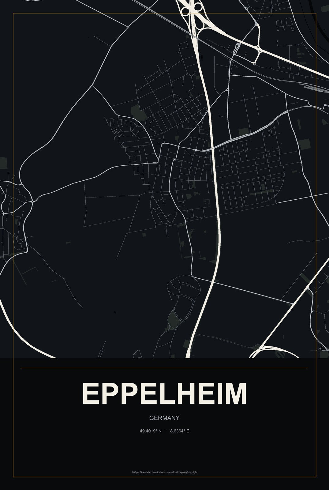 Eppelheim, Germany City Map Aluminum Sign in Metropolitan Noir style