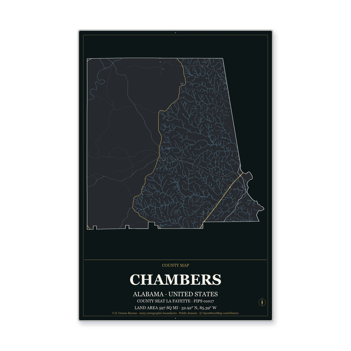 Chambers County, Alabama Map Aluminum Sign in Metropolitan Noir style