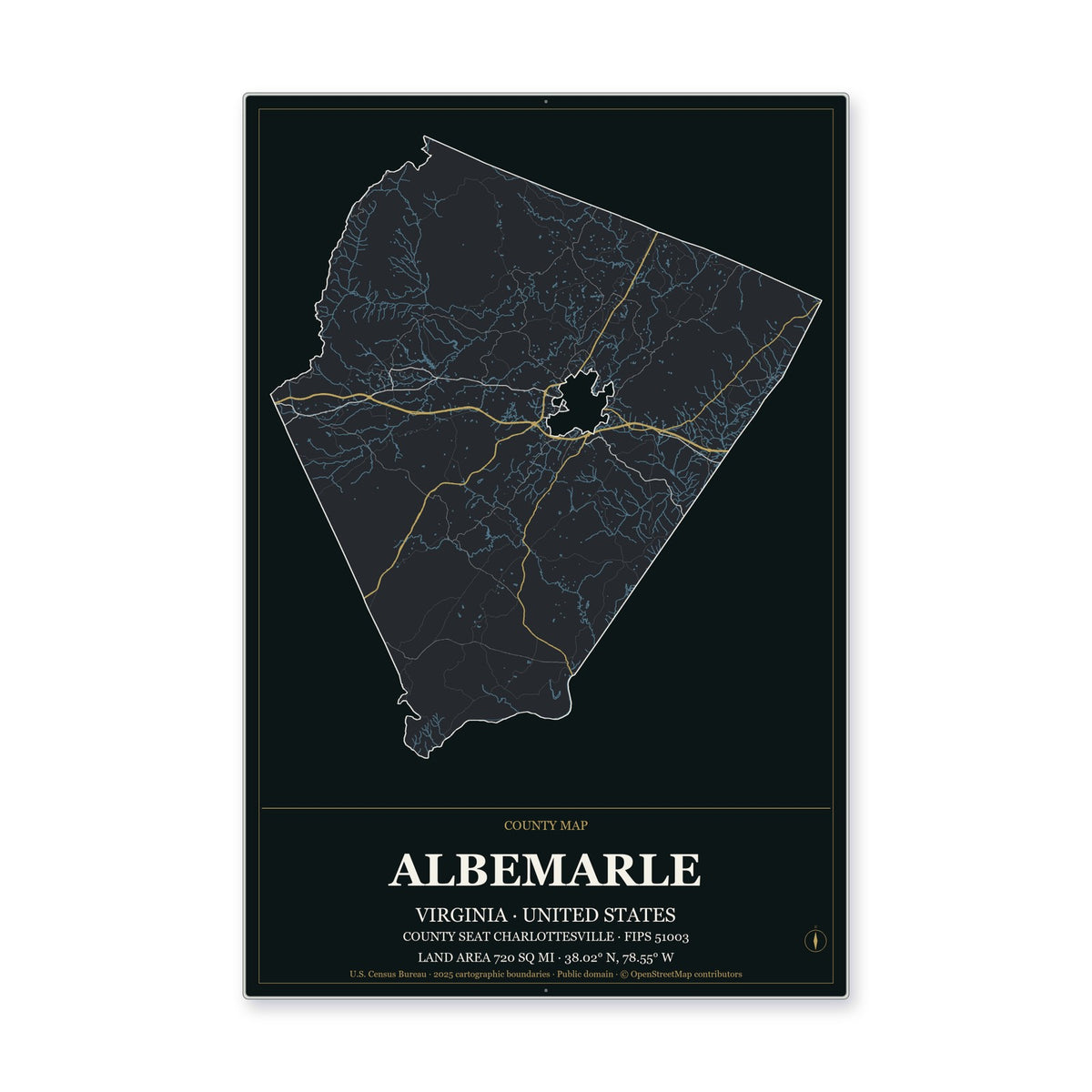 Albemarle County, Virginia Map Aluminum Sign in Metropolitan Noir style