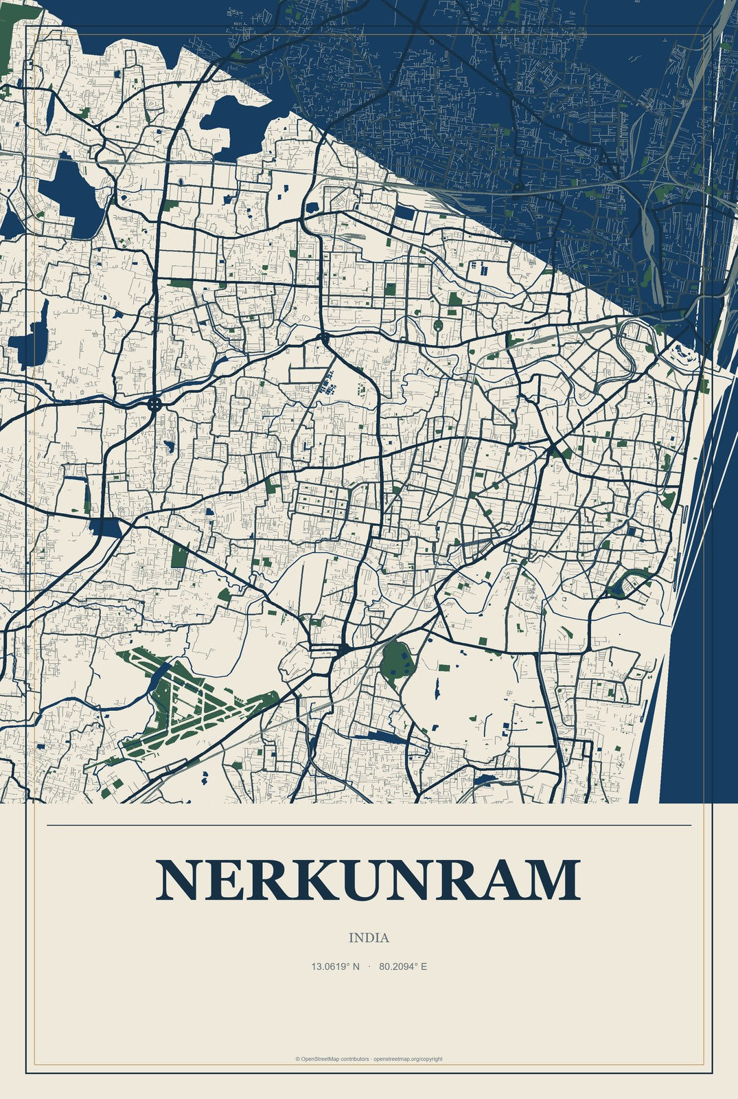 Nerkunram, India City Map Aluminum Sign in Coastal Cutout style