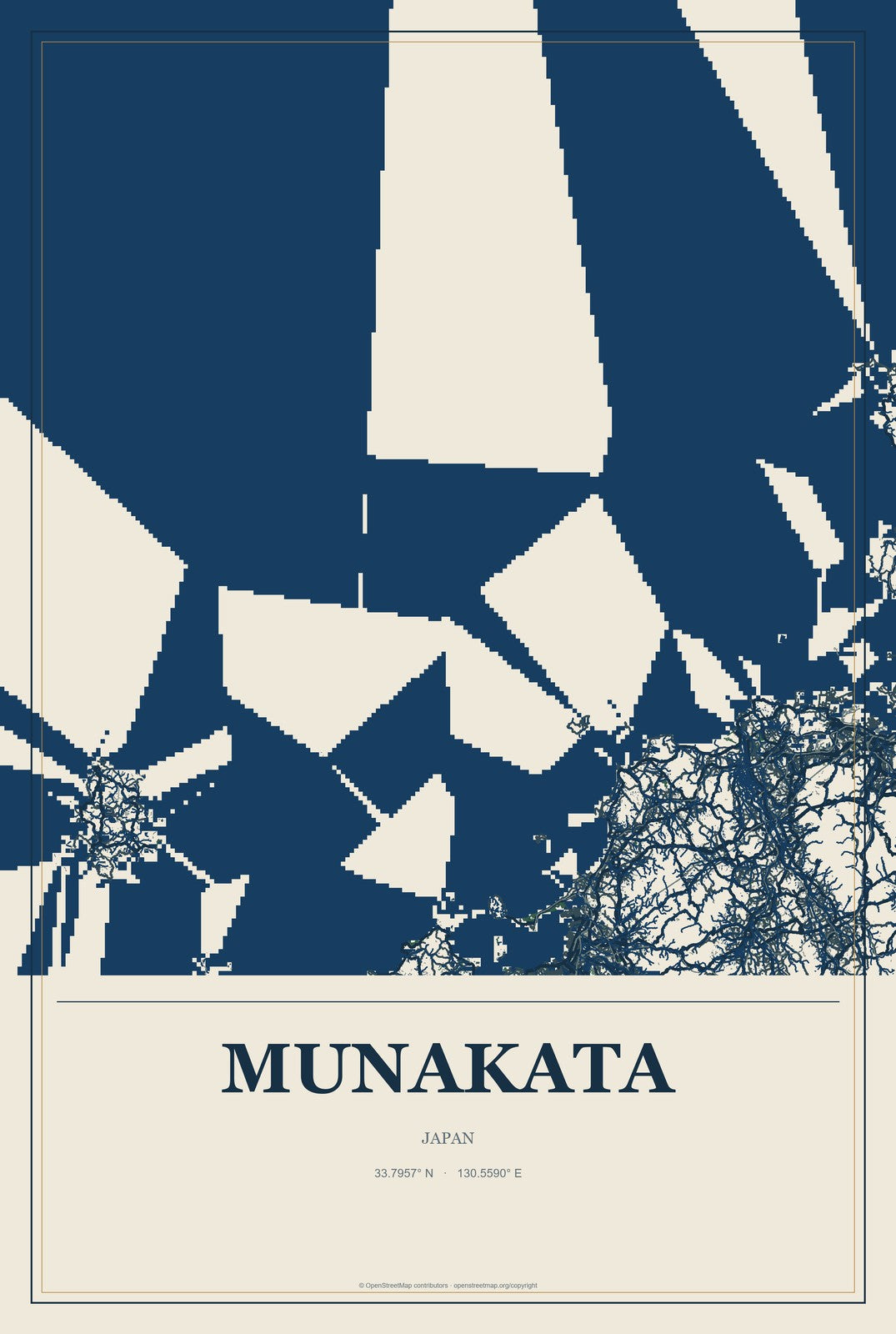 Munakata, Japan City Map Aluminum Sign in Coastal Cutout style