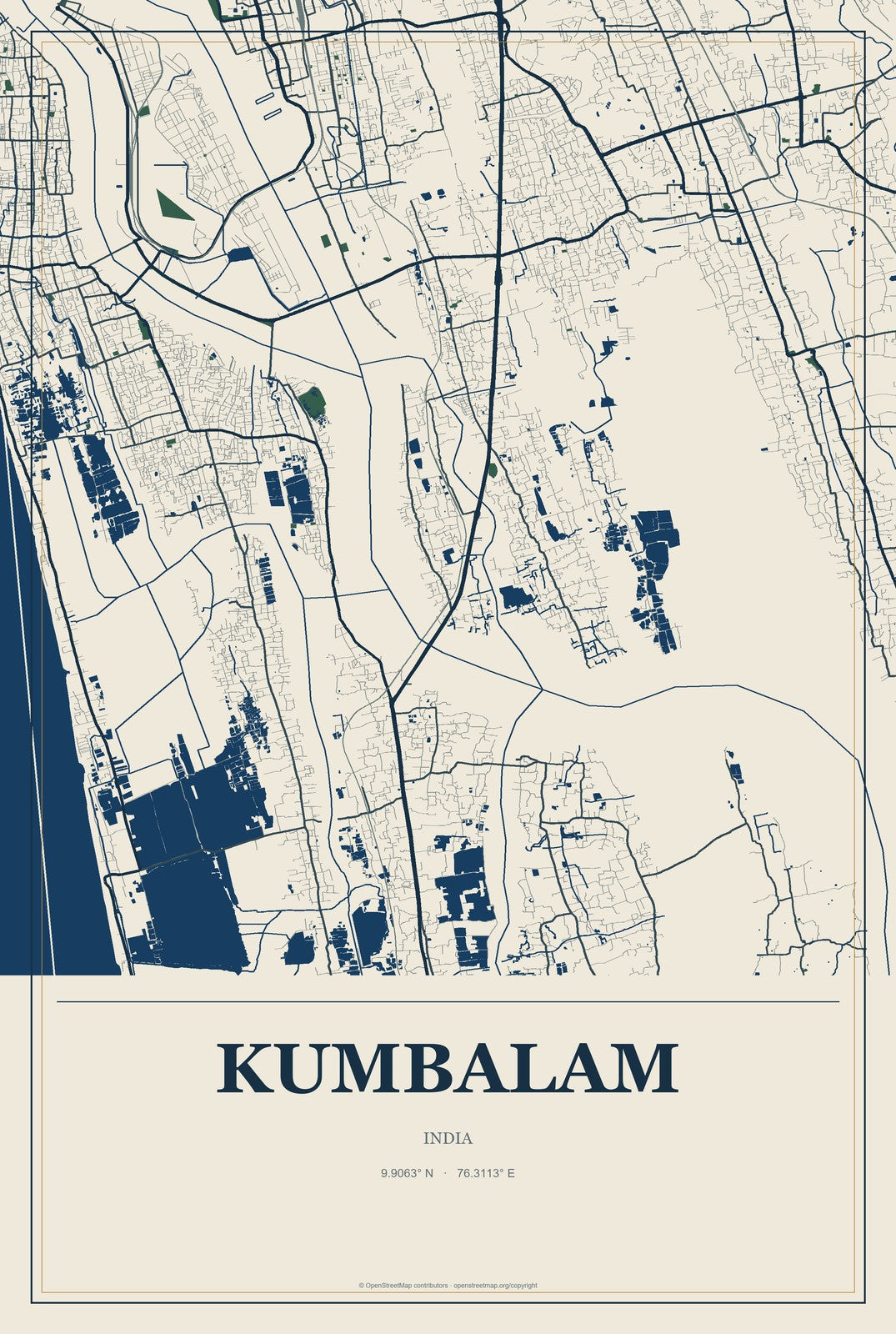 Kumbalam, India City Map Aluminum Sign in Coastal Cutout style