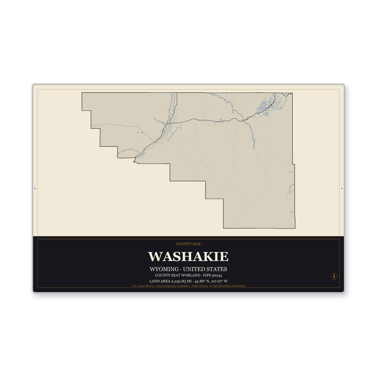 Washakie County, Wyoming Map Aluminum Sign in Museum Plaque style