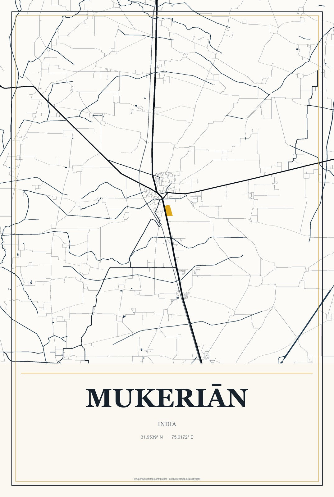 Mukeriān, India City Map Aluminum Sign in Citrine Modern style