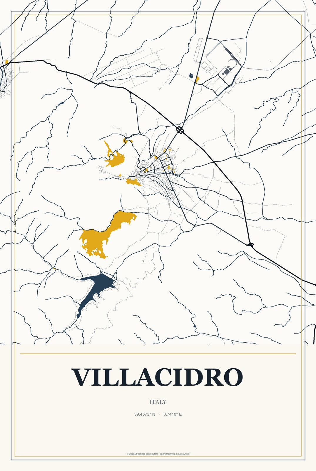 Villacidro, Italy City Map Aluminum Sign in Citrine Modern style