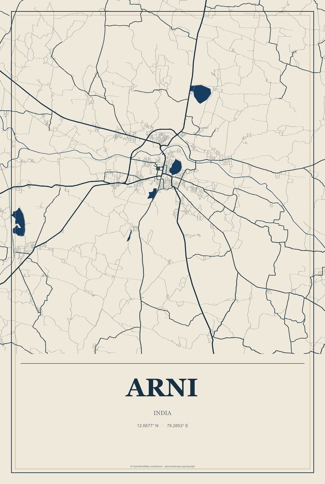 Arni, India City Map Aluminum Sign in Coastal Cutout style