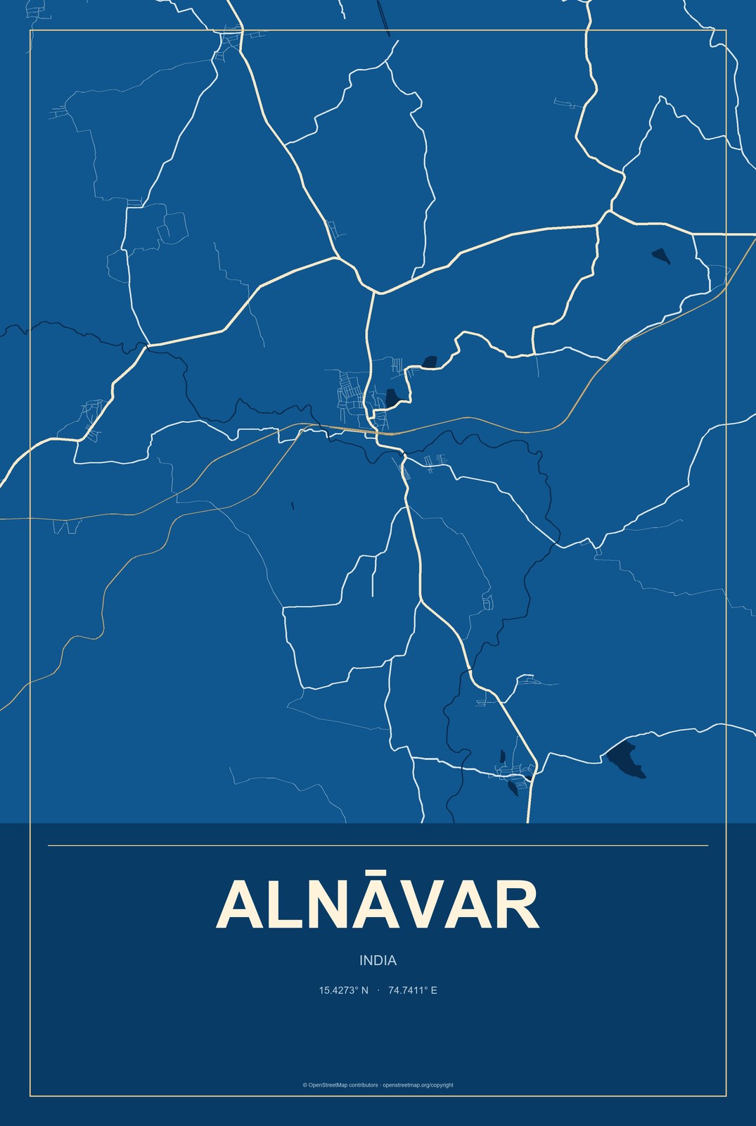 Alnāvar, India City Map Aluminum Sign in Harbor Cobalt style