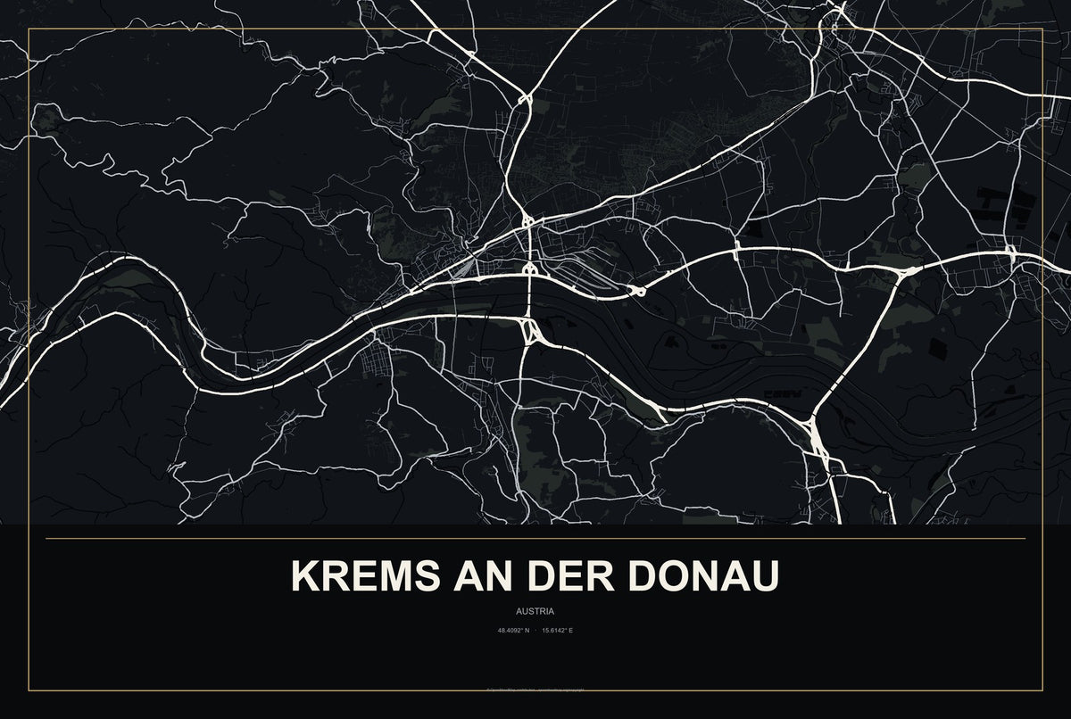 Krems an der Donau, Austria City Map Aluminum Sign in Metropolitan Noir style