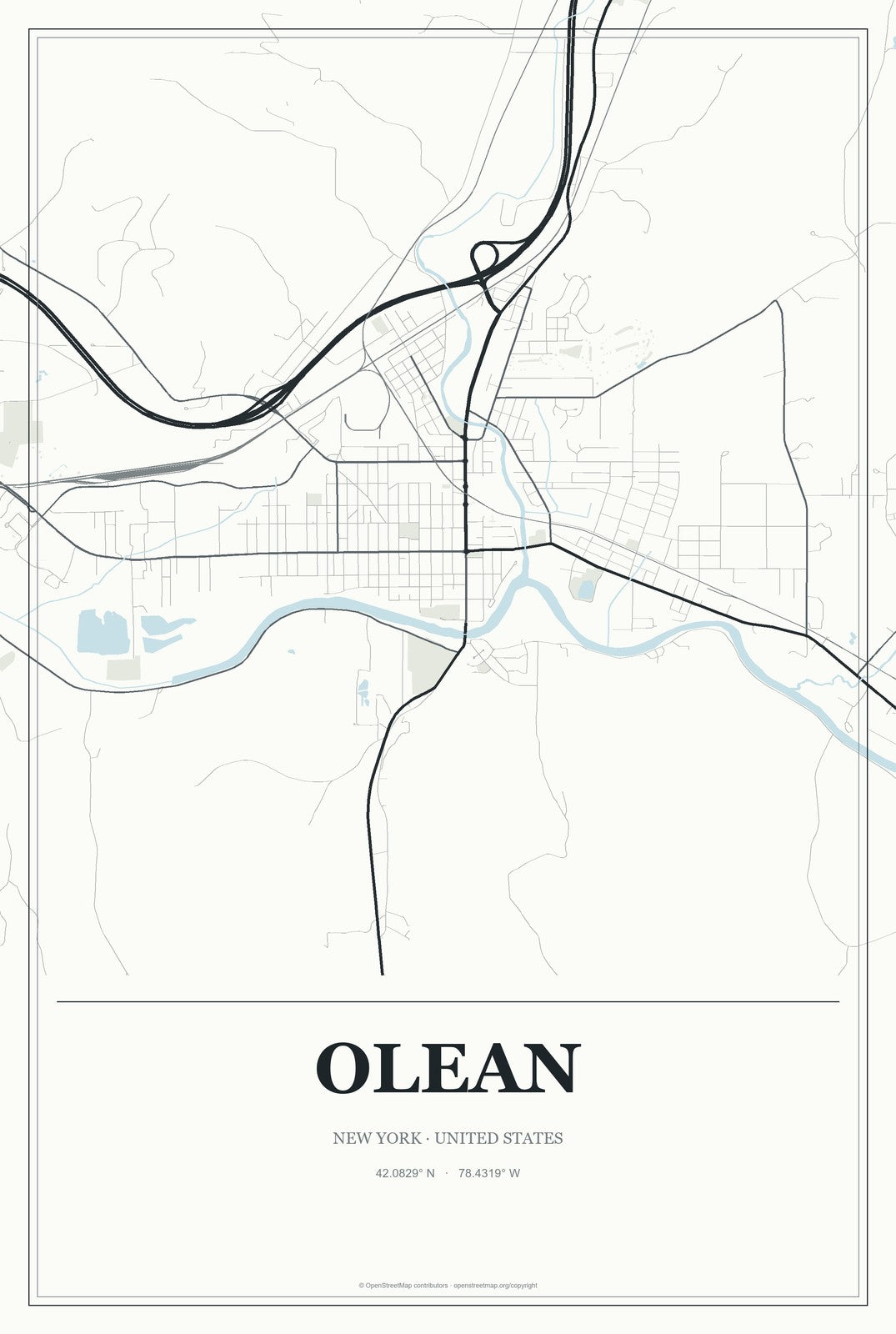 Olean, New York City Map Aluminum Sign in Gallery Air style
