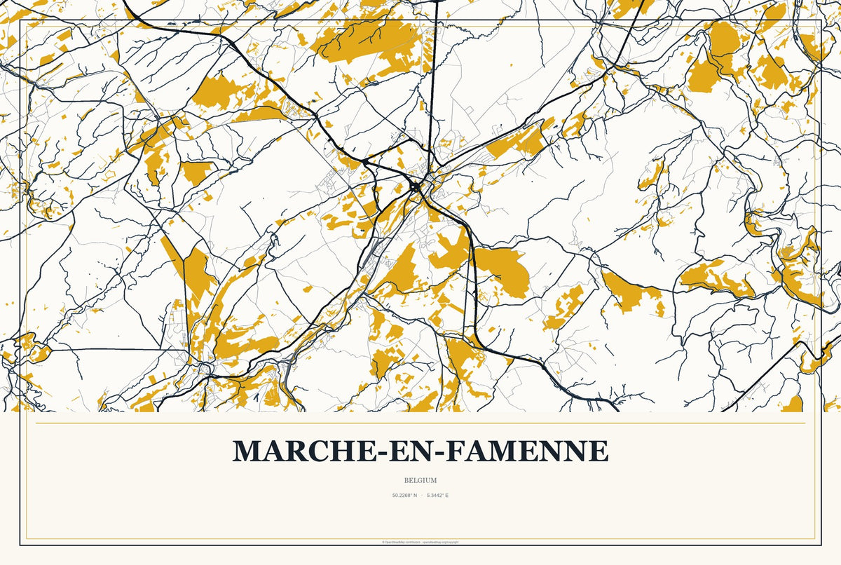 Marche-en-Famenne, Belgium City Map Aluminum Sign in Citrine Modern style