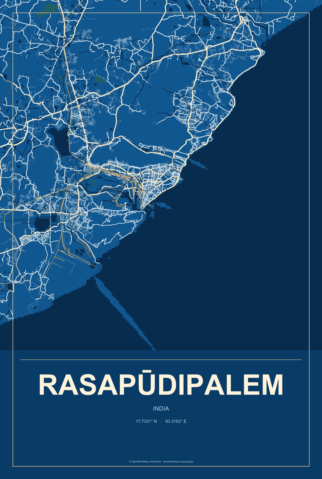 Rasapūdipalem, India City Map Aluminum Sign in Harbor Cobalt style