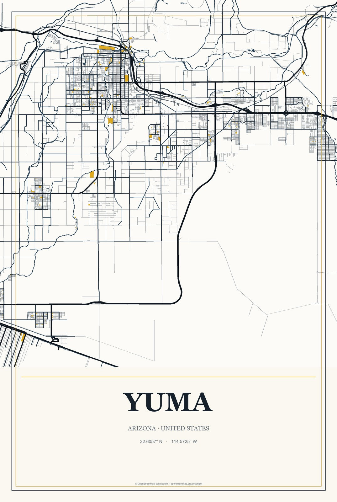 Yuma, Arizona City Map Aluminum Sign in Citrine Modern style