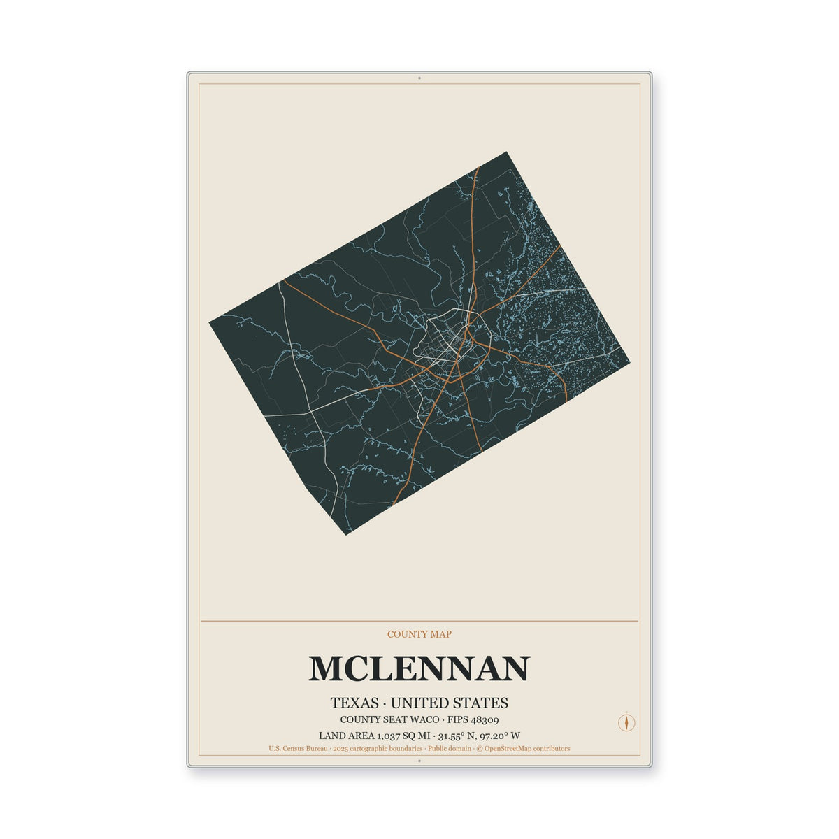 McLennan County, Texas Map Aluminum Sign in Headline Atlas style