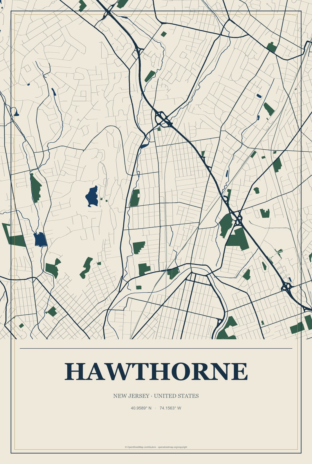 Hawthorne, New Jersey City Map Aluminum Sign in Coastal Cutout style