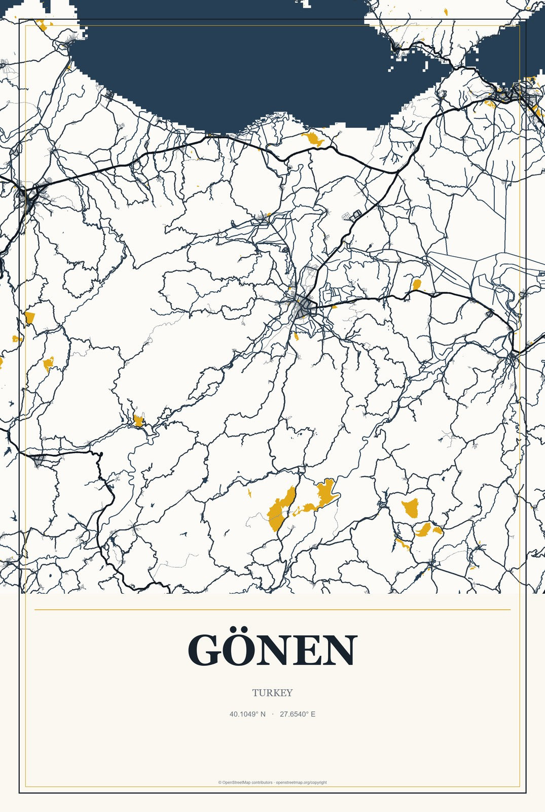 Gönen, Isparta, Turkey City Map Aluminum Sign in Citrine Modern style
