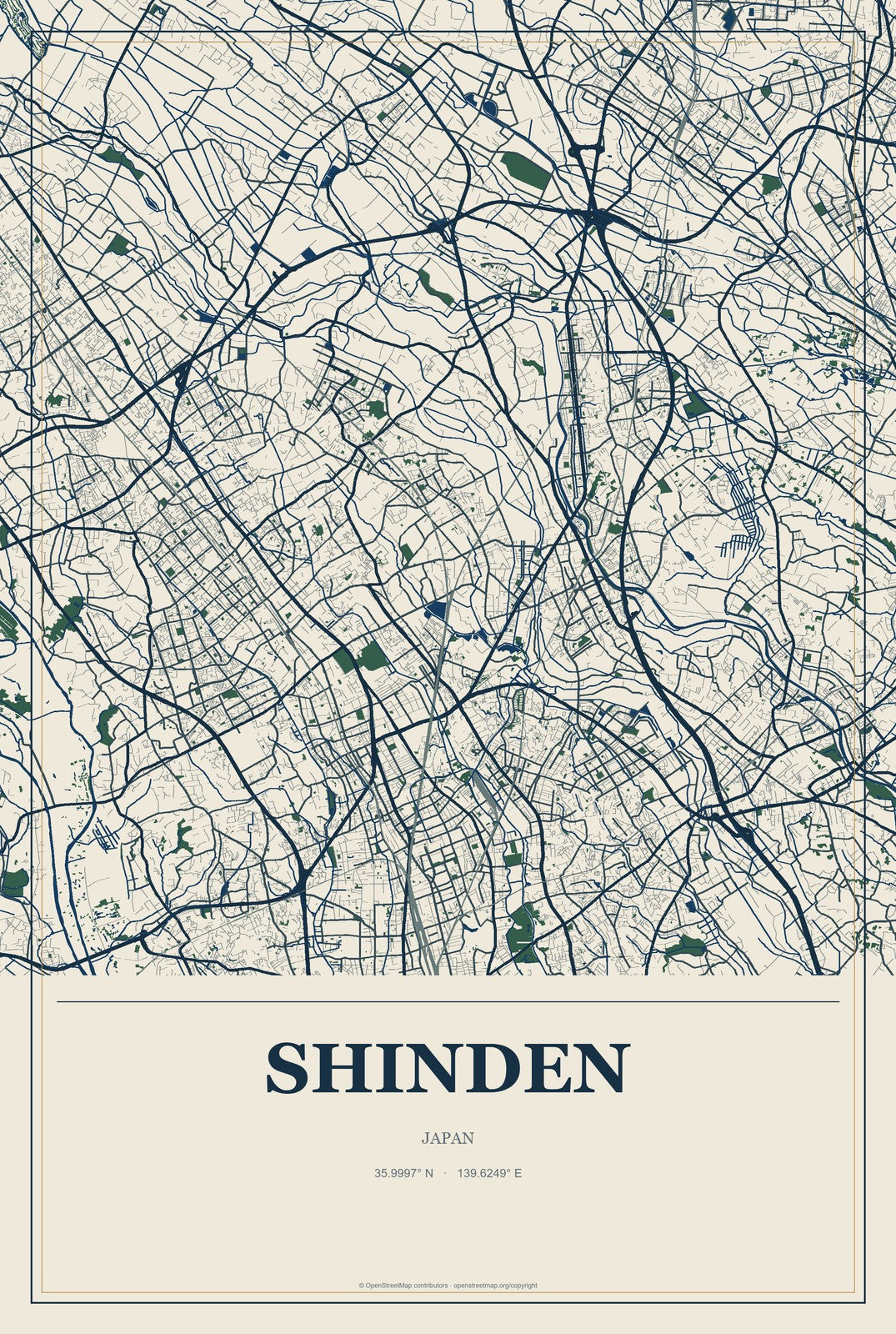 Shinden, Japan City Map Aluminum Sign in Coastal Cutout style