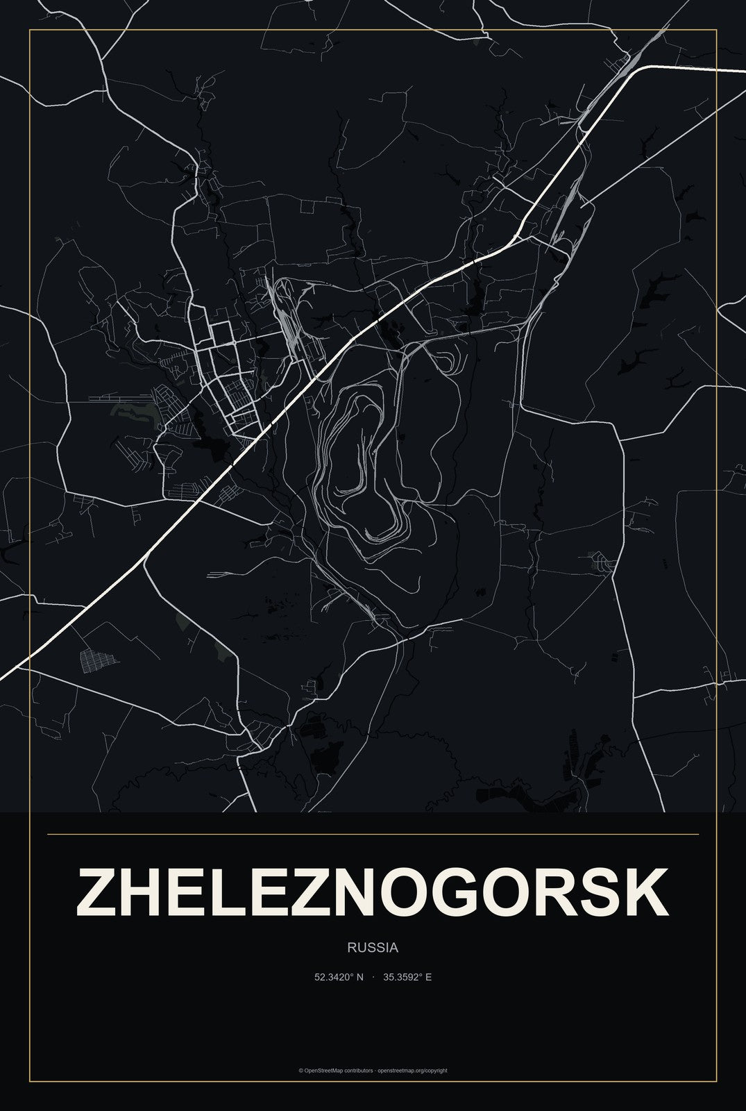Zheleznogorsk, Krasnoyarsk Krai, Russia City Map Aluminum Sign in Metropolitan Noir style