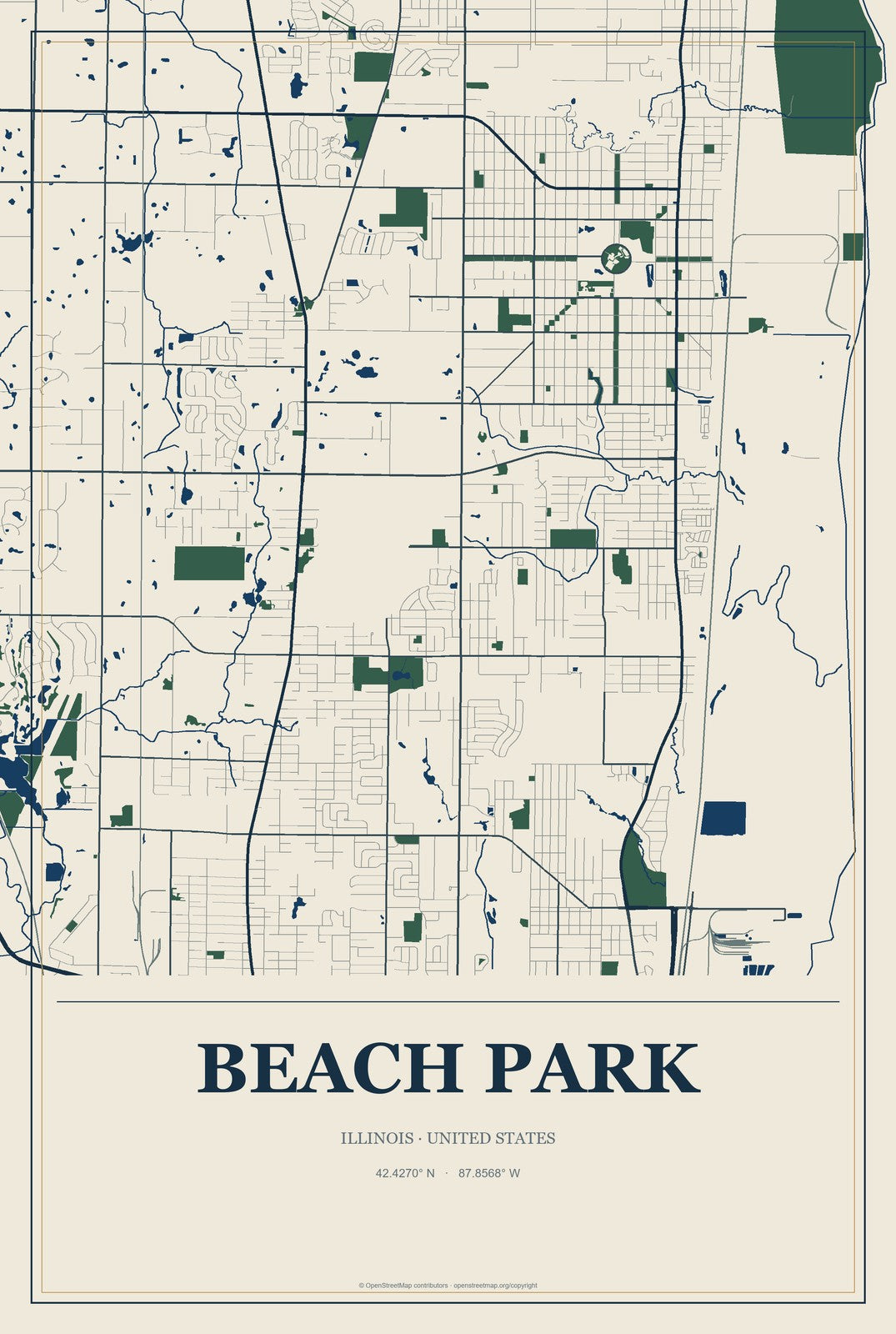 Beach Park, Illinois City Map Aluminum Sign in Coastal Cutout style
