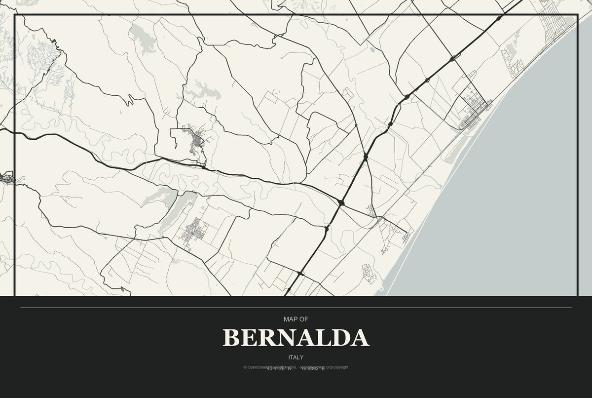 Bernalda, Italy City Map Aluminum Sign in Museum Plaque style