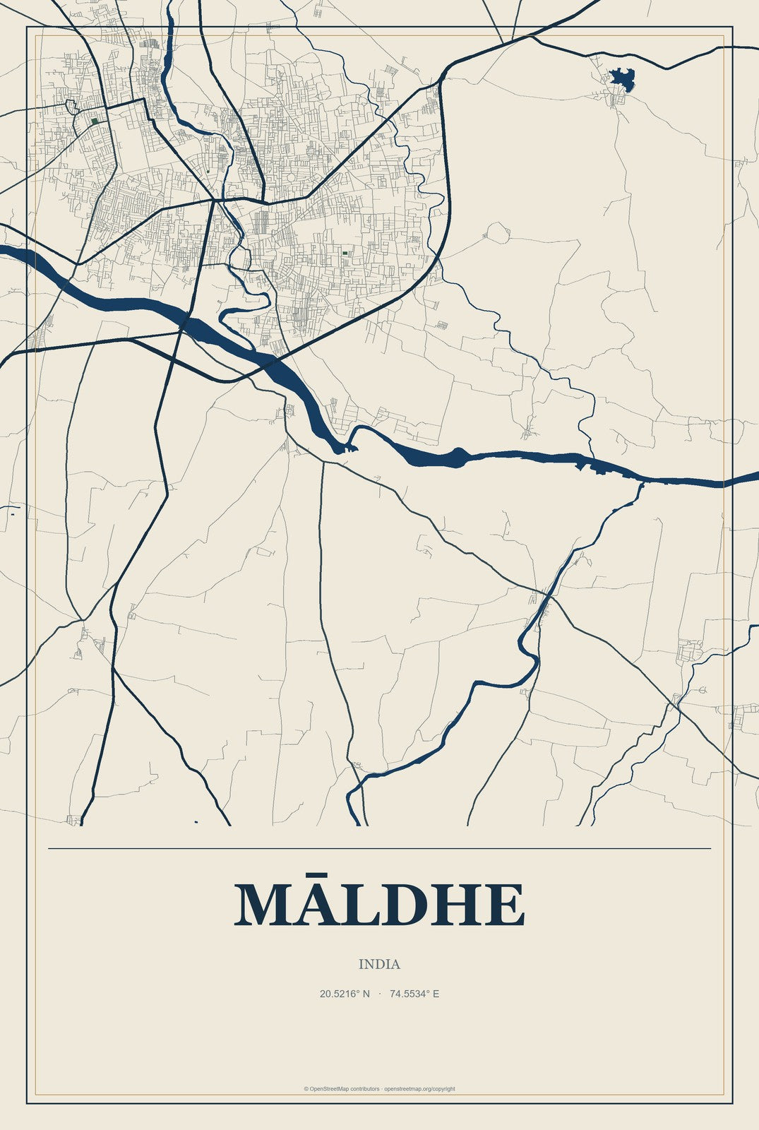 Māldhe, India City Map Aluminum Sign in Coastal Cutout style