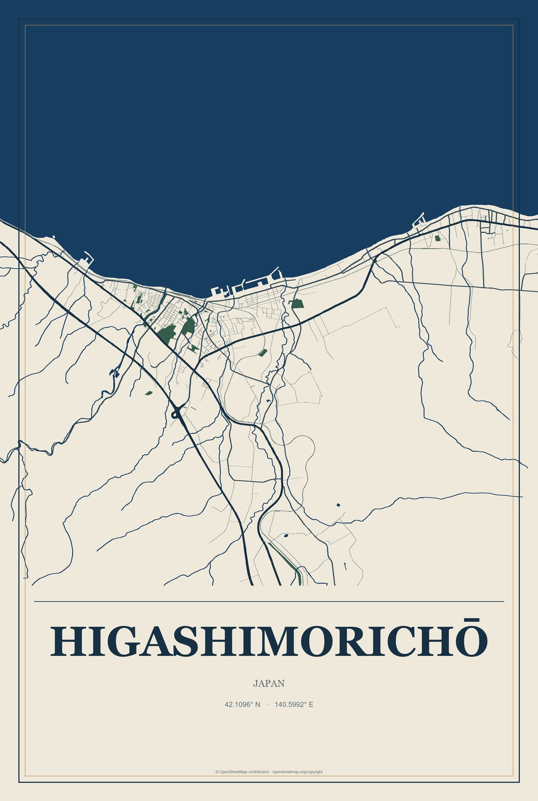 Higashimorichō, Japan City Map Aluminum Sign in Coastal Cutout style