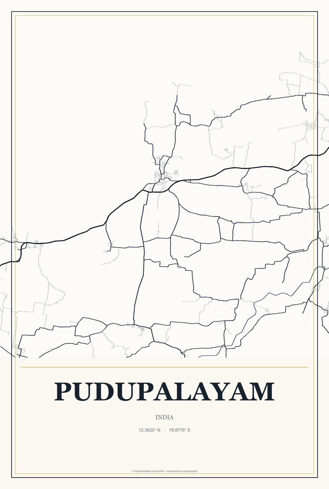 Pudupalayam, India City Map Aluminum Sign in Citrine Modern style