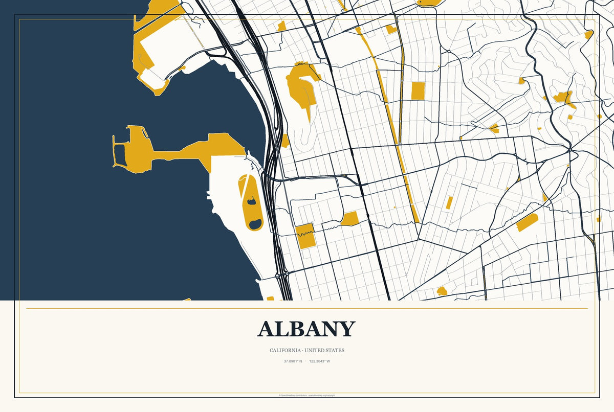 Albany, California City Map Aluminum Sign in Citrine Modern style