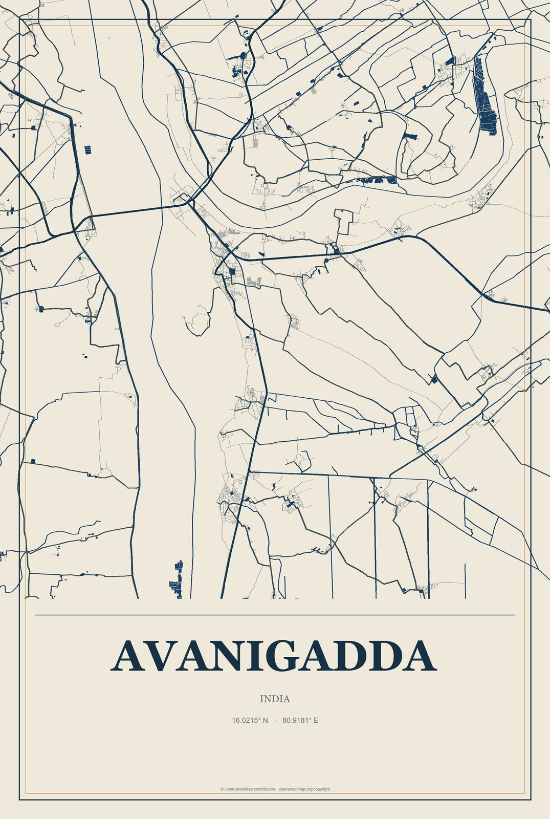 Avanigadda, India City Map Aluminum Sign in Coastal Cutout style