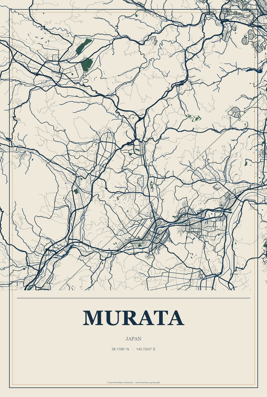 Murata, Japan City Map Aluminum Sign in Coastal Cutout style