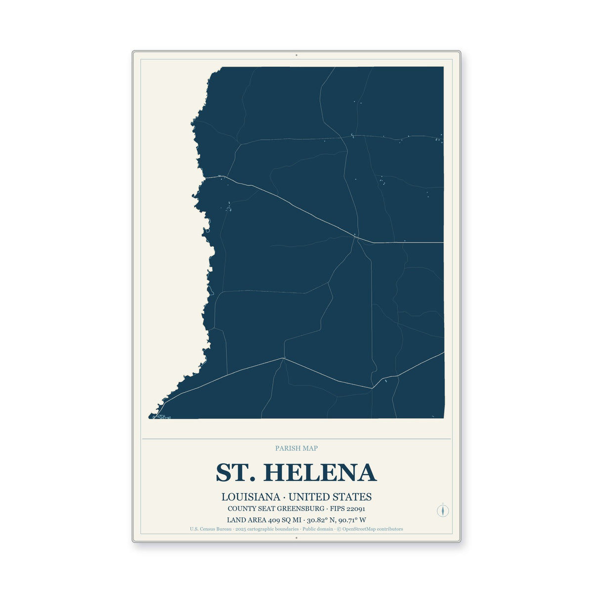 St. Helena Parish, Louisiana Map Aluminum Sign in Coastal Cutout style