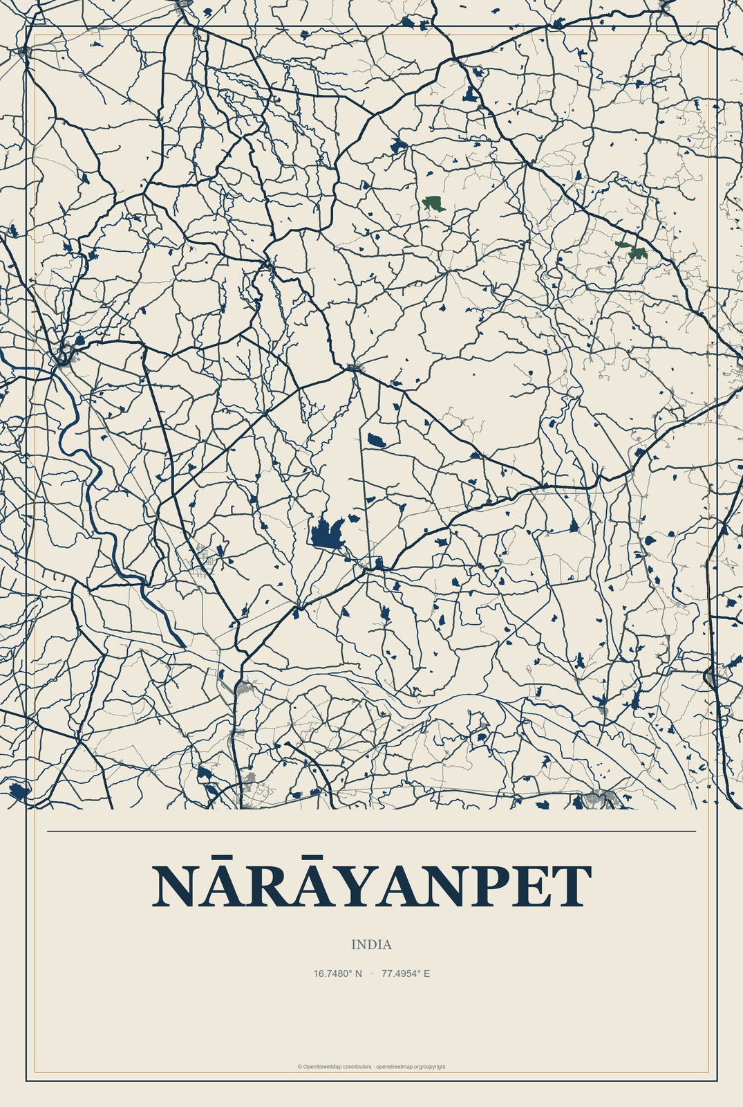 Nārāyanpet, India City Map Aluminum Sign in Coastal Cutout style