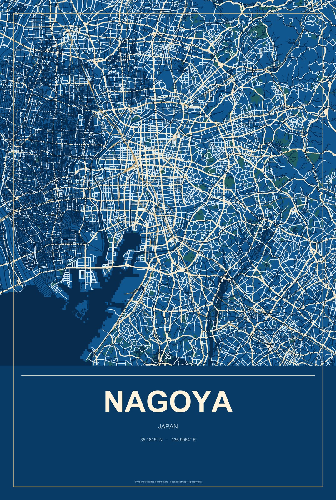 Nagoya, Japan City Map Aluminum Sign in Harbor Cobalt style