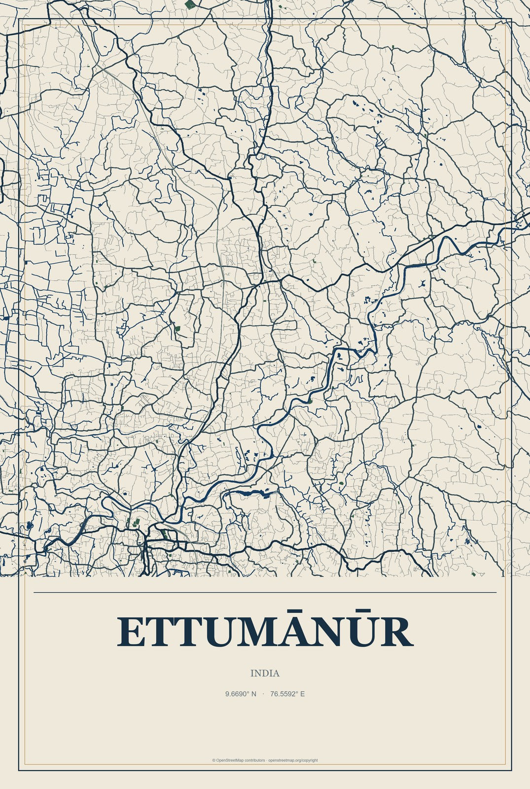 Ettumānūr, India City Map Aluminum Sign in Coastal Cutout style