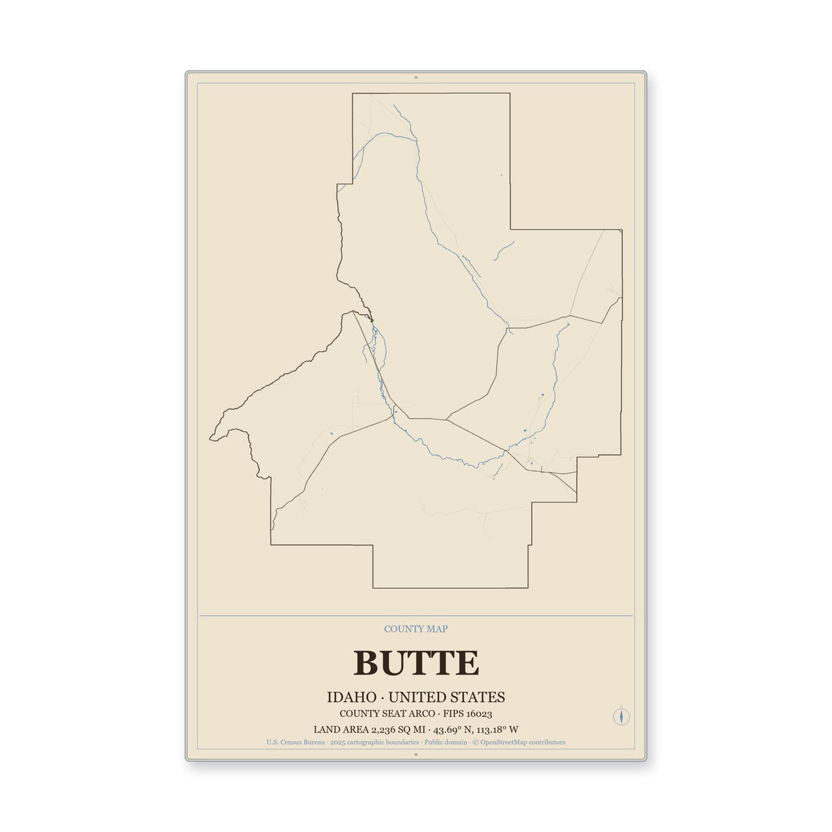 Butte County, Idaho Map Aluminum Sign in Heritage Nautical style