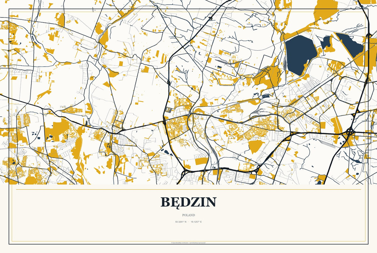 Będzin, Poland City Map Aluminum Sign in Citrine Modern style