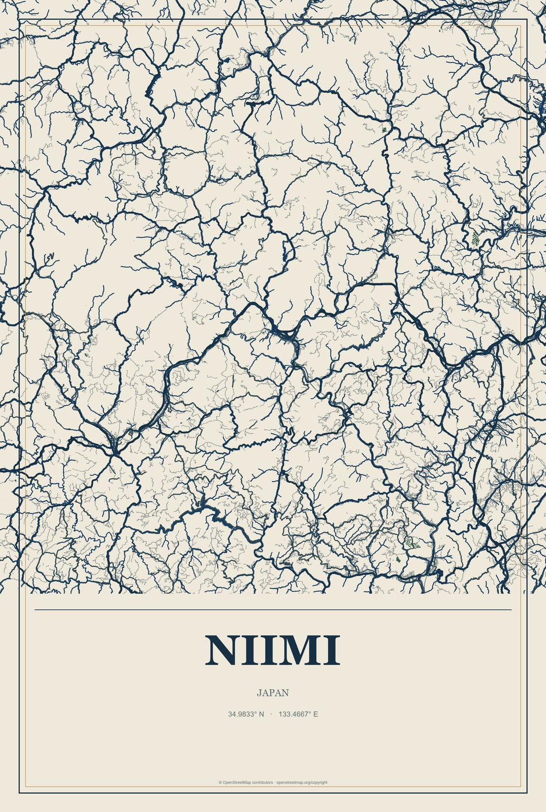 Niimi, Japan City Map Aluminum Sign in Coastal Cutout style