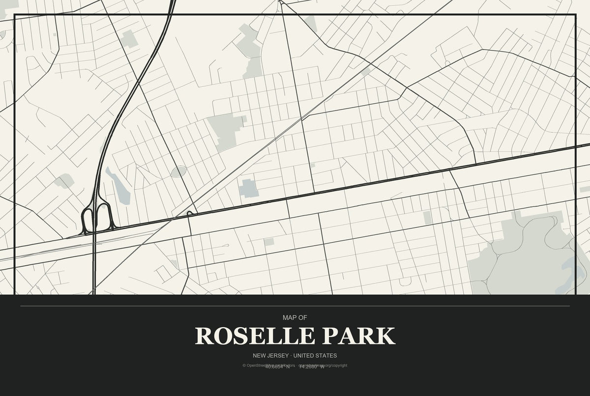 Roselle Park, New Jersey City Map Aluminum Sign in Museum Plaque style
