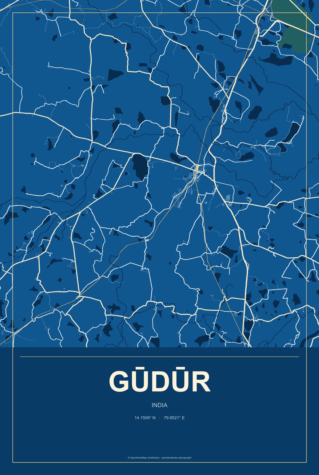 Gūdūr, Karnataka, India City Map Aluminum Sign in Harbor Cobalt style