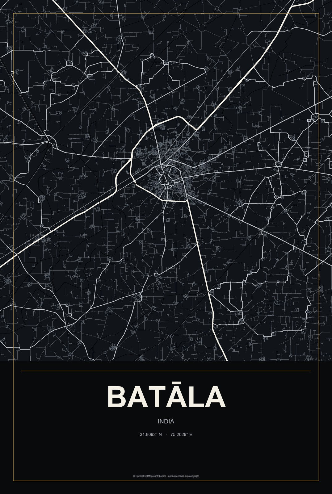 Batāla, India City Map Aluminum Sign in Metropolitan Noir style