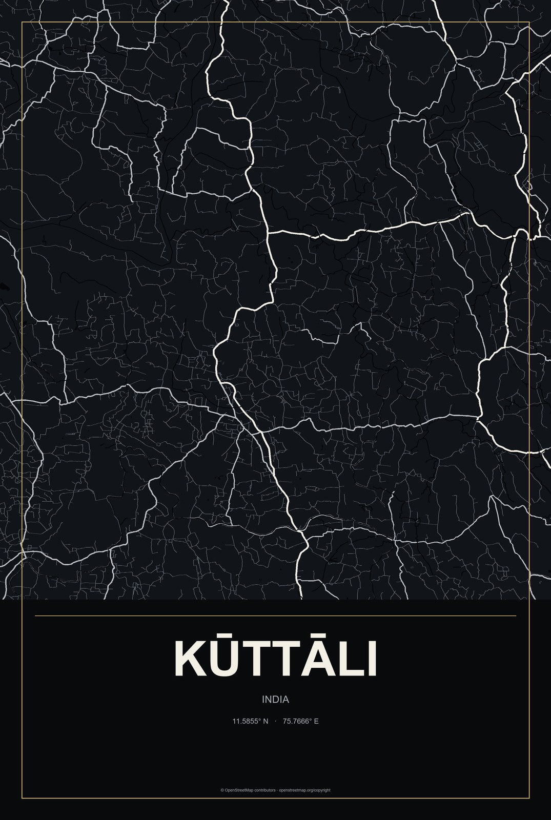 Kūttāli, India City Map Aluminum Sign in Metropolitan Noir style