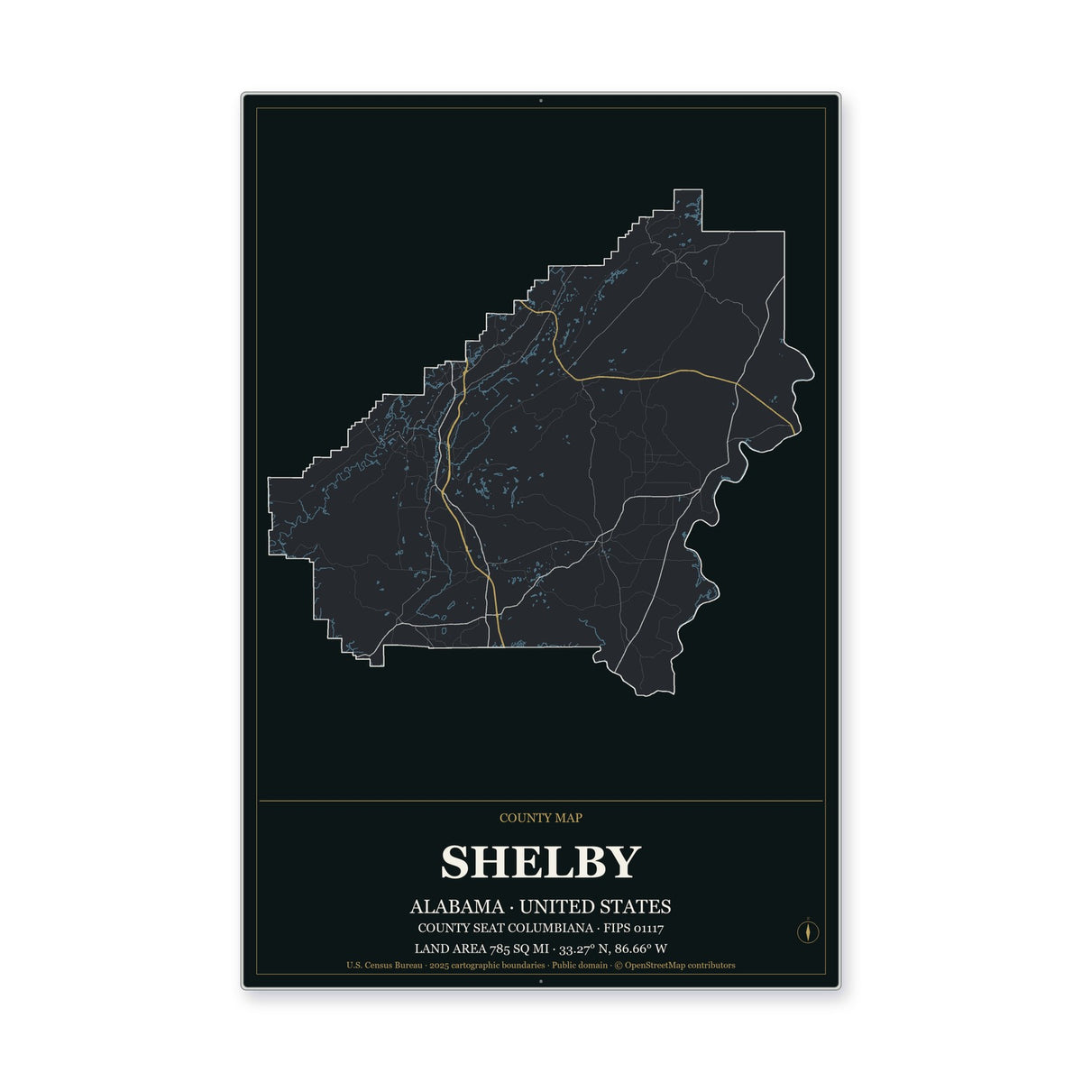 Shelby County, Alabama Map Aluminum Sign in Metropolitan Noir style