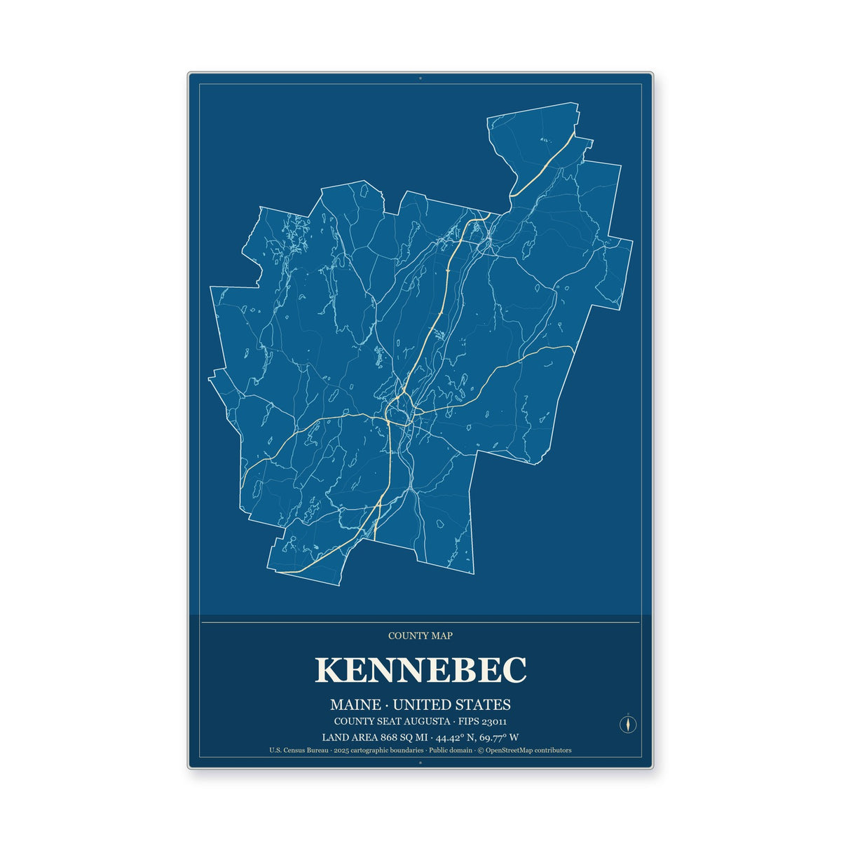 Kennebec County, Maine Map Aluminum Sign in Harbor Cobalt style