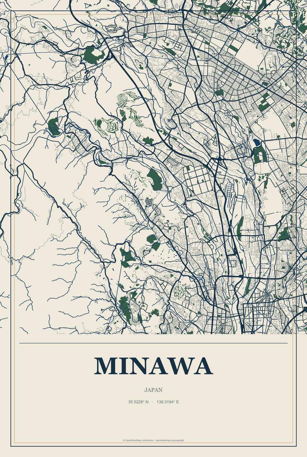 Minawa, Japan City Map Aluminum Sign in Coastal Cutout style
