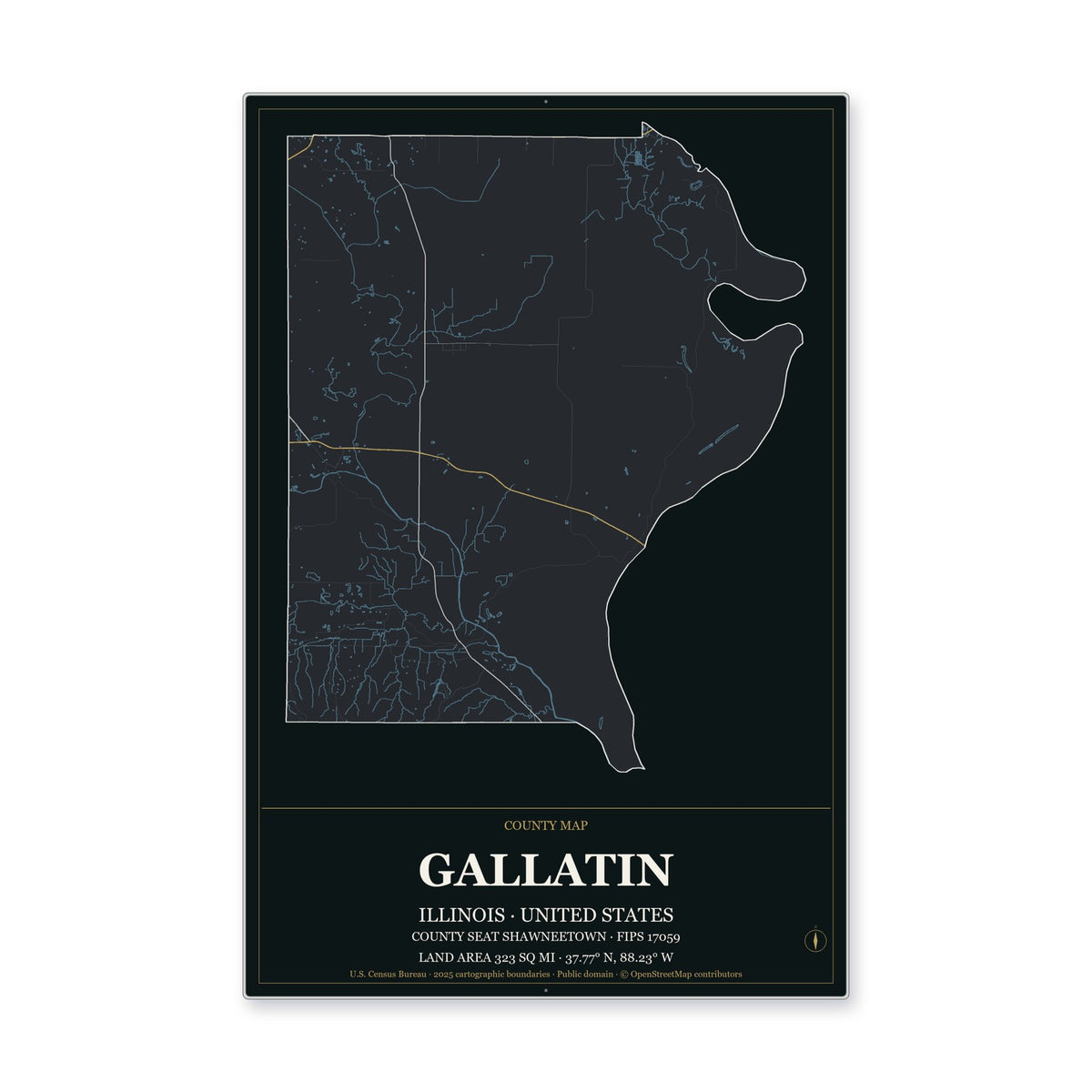 Gallatin County, Illinois Map Aluminum Sign in Metropolitan Noir style