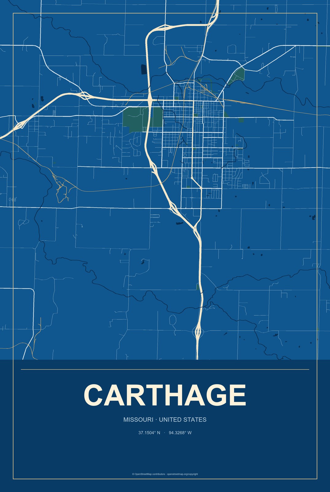 Carthage, Missouri City Map Aluminum Sign in Harbor Cobalt style